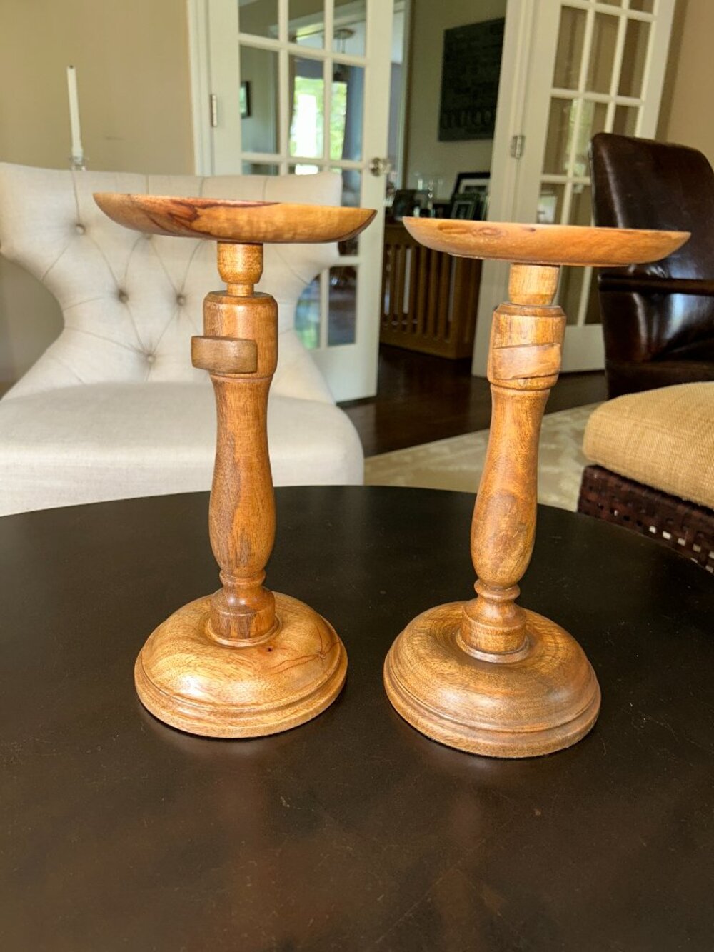 Williams Sonoma Antique Wood Pillar Candle Holders Adjustable, Pair, 12"H